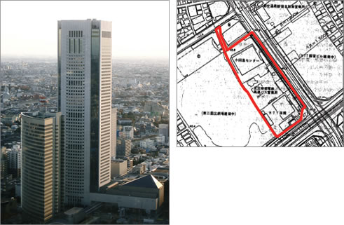 東京オペラシティ土地区画整理事業で建設されたオペラシティと区画整理地図です。